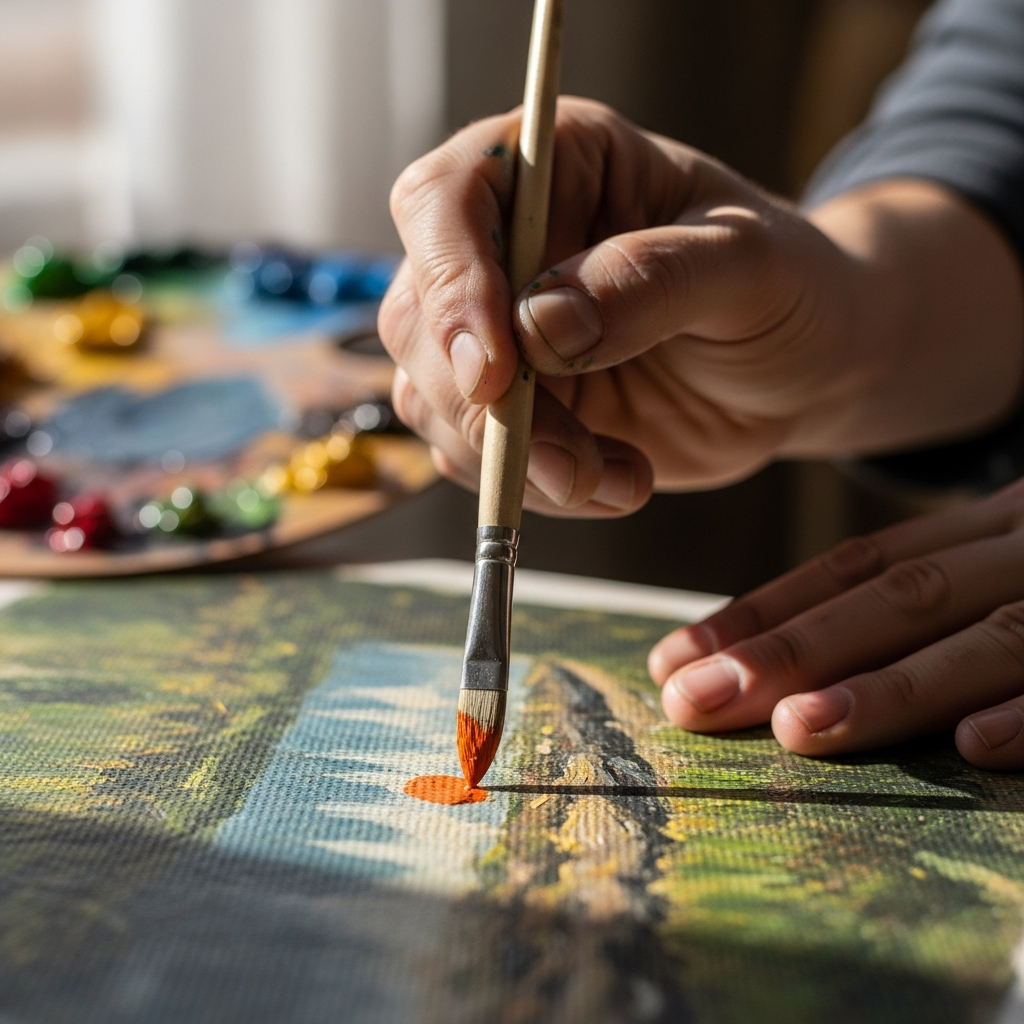 Artista che dipinge su tela con colori ad olio in uno studio luminoso