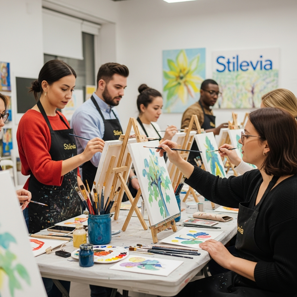 Artista professionista che insegna tecniche di pittura in uno studio d'arte